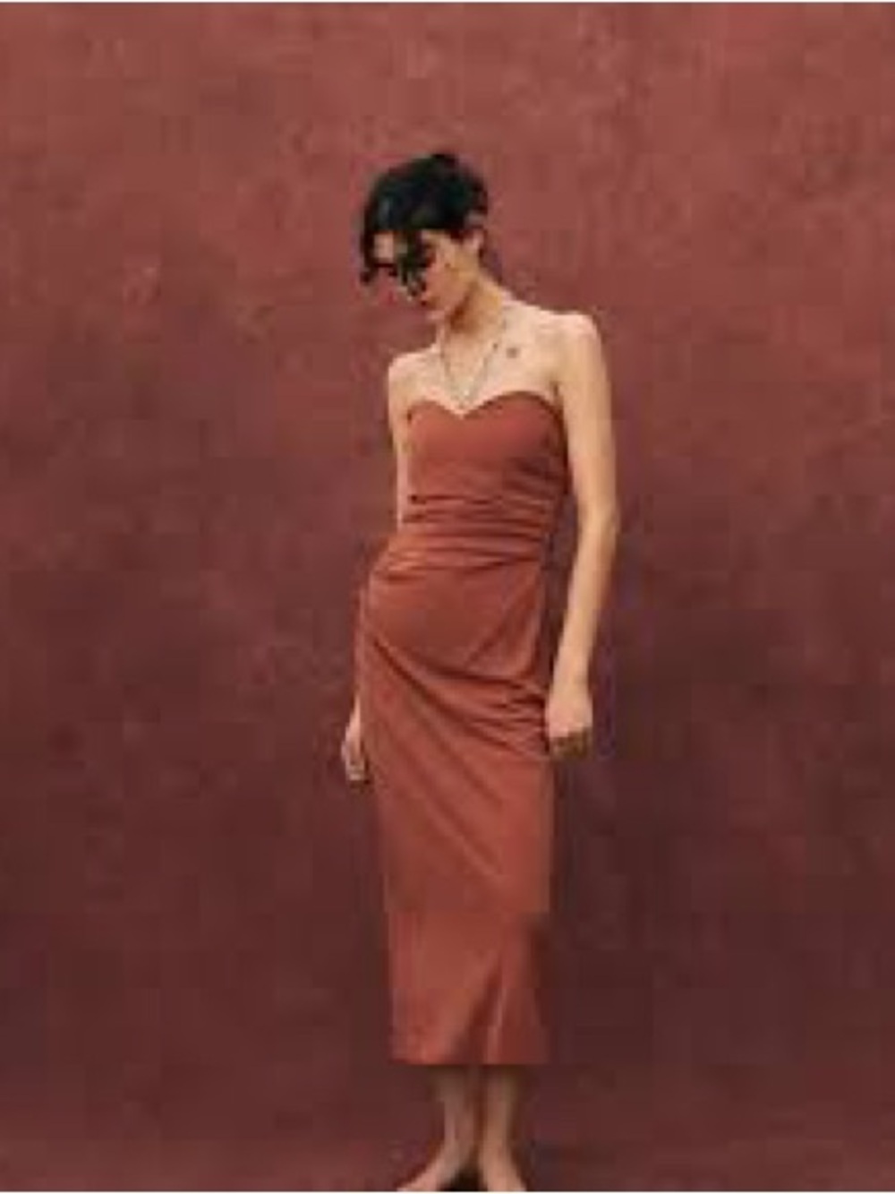 Zara Ruched Strapless Sweetheart Midi Dress Terracotta | Large | NWT